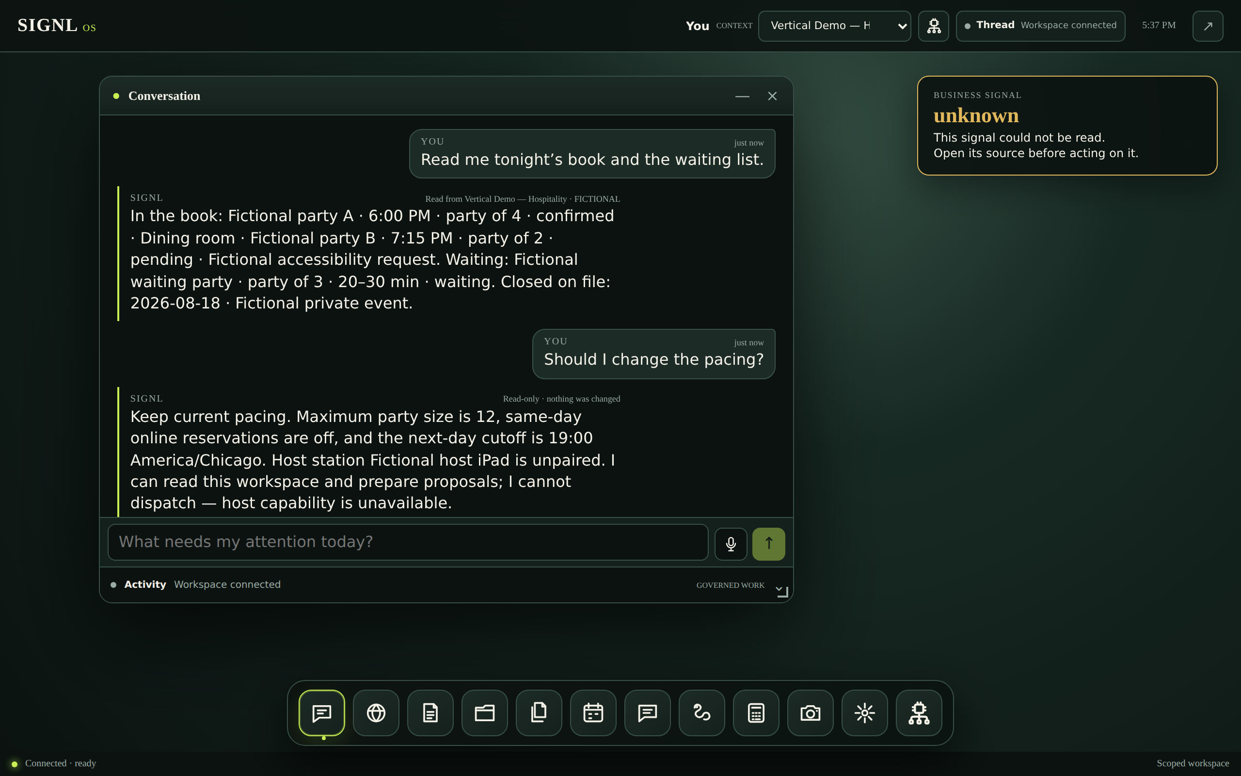 The OS-2 Conversations room: the whole desktop window on any screen, one shared thread where you and the computer talk about your work.